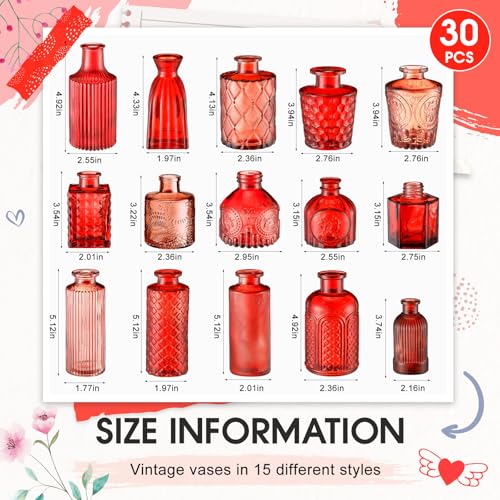 Yaomiao 30 Pcs Vases Bulk Colored Flower Glass Bud Vases Valentine Vintage Colored Glass Bottles Colorful Rustic Embossed for Home Wedding Table Decorations Gifts (Red Series) - color: Red Series