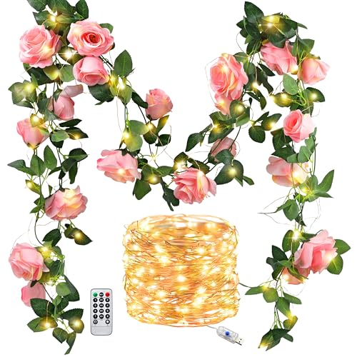 FiveSeasonStuff 29 Ft 4 Pack Amaranth Light Pink Rose Silk Flower Garland Artificial Flowers Decoration Hanging Floral with 66 feet String Lights - color: Amaranth Pink With String Lights