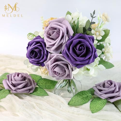 Artificial Flowers 50pcs Real Looking Purple Lilac Foam Fake Roses with Stems for DIY Wedding Bouquets Bridal Shower Centerpieces Floral Arrangements Home Decorations - color: Purple & Lilac, size: 50Pcs