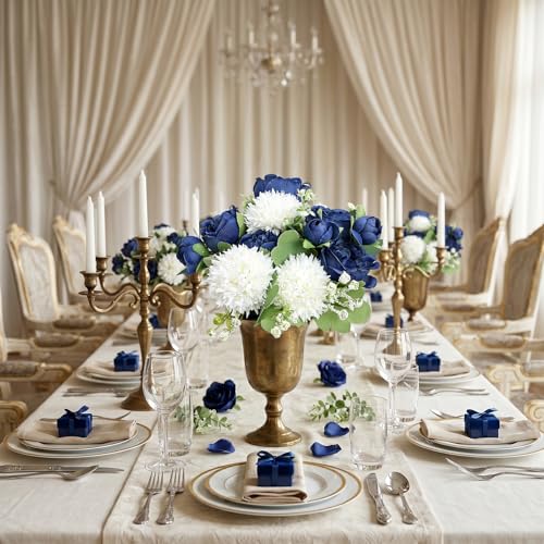 16 Bundles Artificial Flowers Peonies Bulk, Navy Blue Silk Fake Flower for DIY Bouquet Faux Peony Floral Arrangements for Vase Centerpiece Home Wedding Party Centerpiece - color: Navy Blue & White