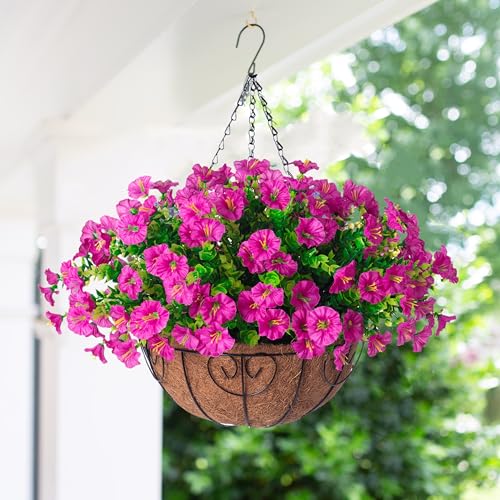 Ivydale Artificial Silk Hanging Plants Flowers Basket for Outdoor Outside Summer Decoration, Fake Faux UV Sun Resistant Look Real Morning Glory Fuchsia for Porch Patio Balcony Home - color: Fuchsia
