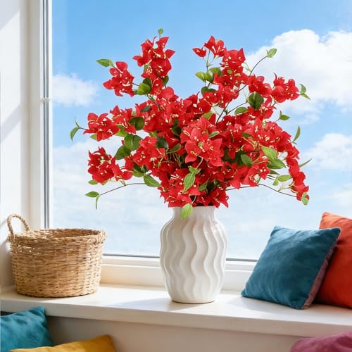 HCTCPALS Artificial Flowers for Outdoors 10 Pcs Bougainvillea Plant Realistic Silk Fake Flowers for UV Resistant Faux Plants Outdoor Indoor Outside Front Porch Hanging Planter Decoration-30” Red - color: Bougainvillea Red