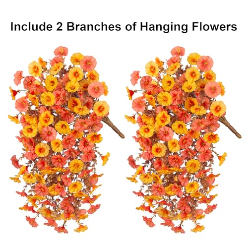 2 PCS Artificial Faux Fall Hanging Flowers Plants for Outdoor Decor,Fake Silk Morning Glory with Eucalyptus UV Resistant Mums for Wall Home Porch Patio Balcony Yard Indoor Decor (Fall Orange+Yellow) - color: Fall Orange+yellow