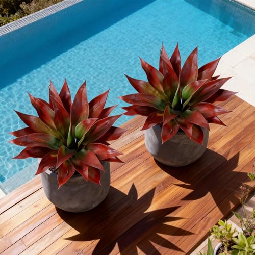 Ivydale Outdoor Faux Plants, 2 PCS 28" Artificial Agave Plant for Outdoors Outside Decoration, Large Fake Plants Realistic Greenery UV Resistant for Planter Porch Patio Yard Garden Indoor(Red) - color: Red, size: 28 Inches