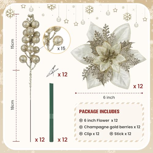 Alupssuc 24 Pieces Christmas Tree Decorations, 12 PCS Champagne Gold Poinsettia Flowers Artificial and 12 PCS Christmas Tree Picks for Christmas Decorations Party Wreath Fireplace, Champagne Gold - color: Champagne Gold