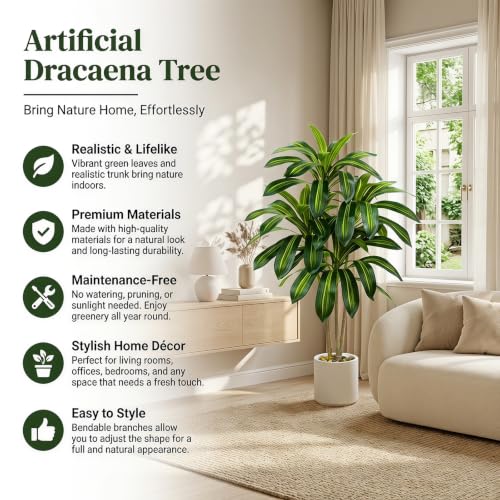 Artificial Dracaena Tree-4FT Fake Plants with White Planter-Artificial Plants Indoor Floor Plant in Pot-Tropical Fake Yucca Potted Tree for Home Office Living Room Decor - color: White, size: 4 FT