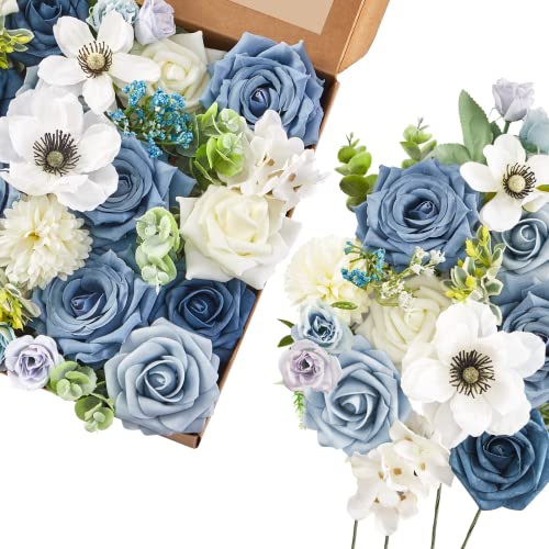 Serwalin Artificial Flowers, Dusty Blue Silk Fake Flowers Cake Flower for Wedding Bouquet Table Centerpieces Arrangements Party Baby Shower Home Decor Floral Arrangement - color: Blooming Dusty Blue White, size: 1 Box