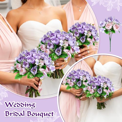 Olgaa 12 Bundles Peonies Artificial Flowers Fake Peony Bouquet Faux Peonies Flowers Bulk with Stems Flower Balls for Centerpiece Table Decorations Wedding Bridal Floral Arrangement (Purple) - color: Purple
