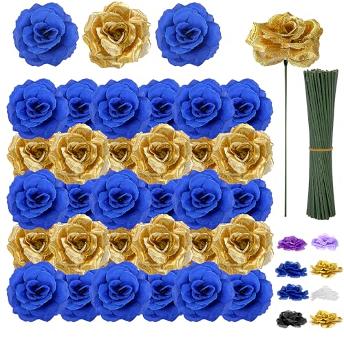 108pcs Roses Head Flowers with Stem - Blue & Gold Artificial Flowers Rose Bulk - Silk Royal Blue Gold Rose Fake Flower for Wedding Bouquet Home Baby Shower DIY Centerpieces Tables Grad Party Decor - color: Gold-blue