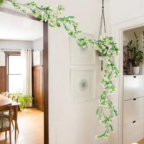 CISDUEO Artificial Daisy Flowers Vine Silk Wildflower Garland Spring Fake Flower Vine Hanging Ivy White Daisy Flowers Green Leaves for Wall Party Wedding Arch Floral Decor Home Indoor Outdoor Ceremony - color: White