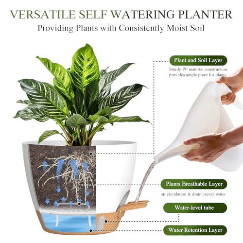 Self Watering Pots with Drainage Holes, 3 Pack 12/10/8 Inch Plant Pots with Water Level Indicator Deep Reservoir, Large Plastic Planter for Indoor Outdoor Plants - White Brown - color: White Brown, size: 12+10+8 Inch Set