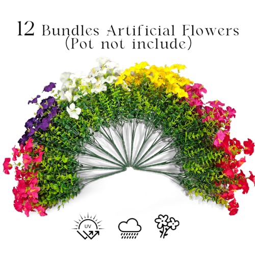 Artificial Flowers for Outdoors Decoration, 12 Bundles Fake Silk Morning Glory with Faux Plastic Eucalyptus UV Resistant for Outside Front Door Porch Planters Patio Garden Decor (MultiColor 2) - color: Multicolor 2