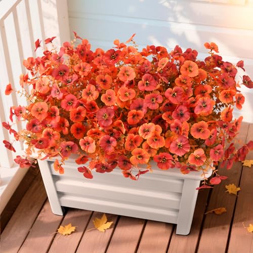 INQCMY Artificial Fall Flowers for Outdoor, 12 Bundles Faux Pansy Fake Mums Flowers Plants Outdoor Fall Decor, UV Resistant No Fade Silk Flower for Porch Planter Patio Yard Garden(Orange Autumn Red) - color: Orange Autumn Red