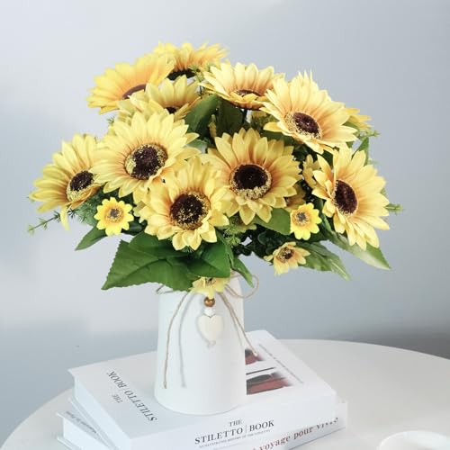 Artificial Sunflower Arrangement in Cream Vase, Silk Fake Flowers in Vase with Jute Rope & Heart Charm, Table Centerpieces for Dining Room, Kitchen and Table Décor - color: White Vase
