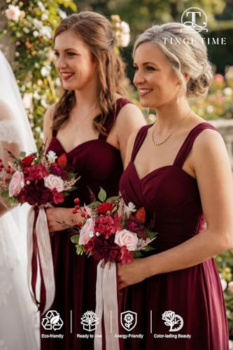 TINGE TIME 7 Inch Wedding Bouquets for Bridesmaid, Artificial Flowers Cascading Bridal Bouquet for Wedding (Burgundy & Pink, Set of 4) - color: Burgundy & Pink