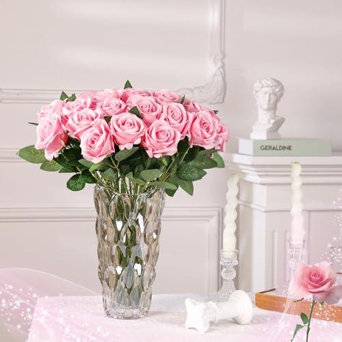 36 Pcs Pink Velvet Texture Soft Artificial Flowers Bridal Bouquet, Real Touch Fake Rose Long Stem Realistic Flowers Bulk for DIY Wedding Ball Arrangement Centerpiece Party Home Decor - color: Pink
