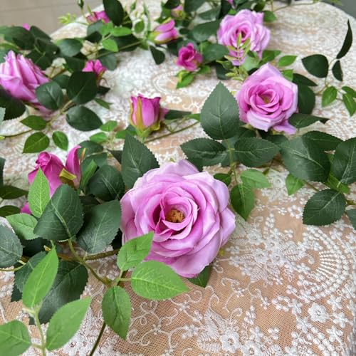 5.9FT Bendable Rose Flower Garlands, Artificial Silk Wild Roses Vine Hanging Flowers for Wall Fireplace Fence Table centerpieces Trellis Wedding Indoor Outdoor Spring Decor(Purple,1PC) - color: Purple, size: 1
