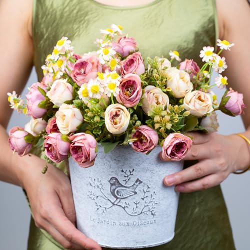 5 Pcs Fake Flowers in Vase Artificial Flower Arrangement Faux Peony Flowers for Wall Decoration Party Home Centerpiece Decor (Mixed Pink) - color: Mixed Pink