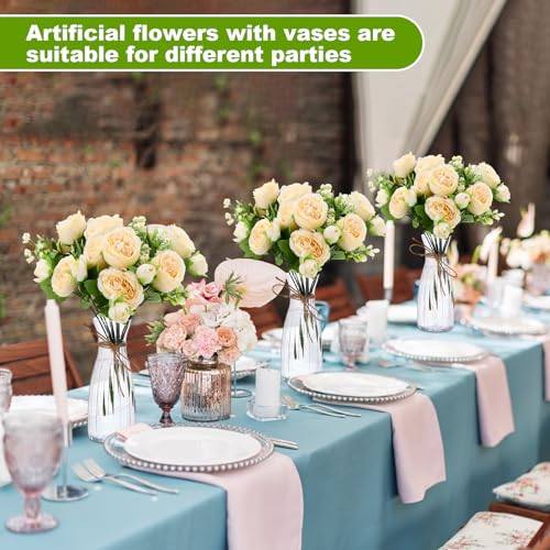 Thiccywoov 19 Pack Artificial Peony Flowers with Vase Bulk, 12 Bundles Faux Peony Bouquet 6 Vase with 1 Rope Silk Flower Arrangement Wedding Table Centerpiece for Wedding Bridal Shower(Champagne) - color: Champagne
