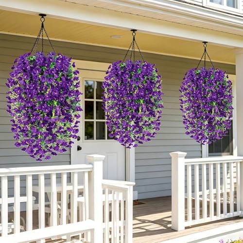 Artificial Hanging Flowers for Outdoors, 6 PCS Silk Morning Glory Artificial Flowers with Eucalyptus Leaves, UV Resistant Fake Flower Realistic Faux Plants for Home Patio Porch Garden Decor, Purple - color: Purple