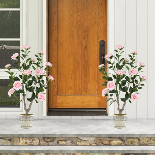 Goplus 36’’ Artificial Camellia Tree, 2 Pack Flower Plants Artificial Tree, Faux Floral Plant Blooming Tree in Nursery Pot, Greenery Potted Plant for Indoor Office Home Porch Decor, Pink - color: Pink, size: 36 inch×2