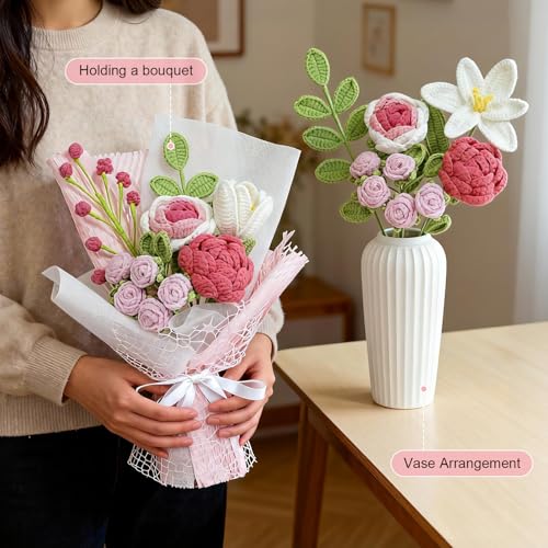 Crochet Flowers Bouquet,Handmade Knitted Rose,Artificial Flower Bouquet for Her, Wife,Lover ,Girlfriend ,Mother, Anniversary,Graduation,Friends,Birthday, Valentines Day Gifts,(with Gift Bag&Card) - color: Rose&pink, size: Large