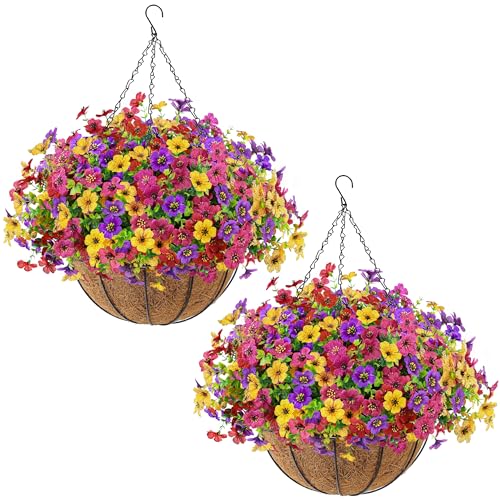 Der Rose 2 Pack Artificial Hanging Flowers Basket for Outdoors Fake Hanging Plants Spring Summer Decoration UV Resistant for Garden Front Porch Patio Balcony Decor - color: Multi-color-b