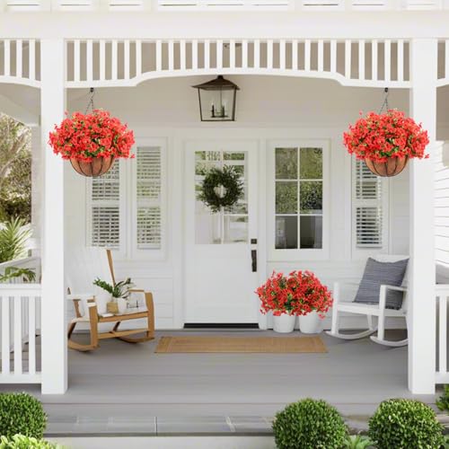 Hananona 24 Pcs Artficial Outdoor Flowers with Hanging Baskets, 2 Pack Hanging Planter with Red Outdoor Spring Flowers for Christmas Porch Home Patio Yard Decor (2, Red) - color: Red