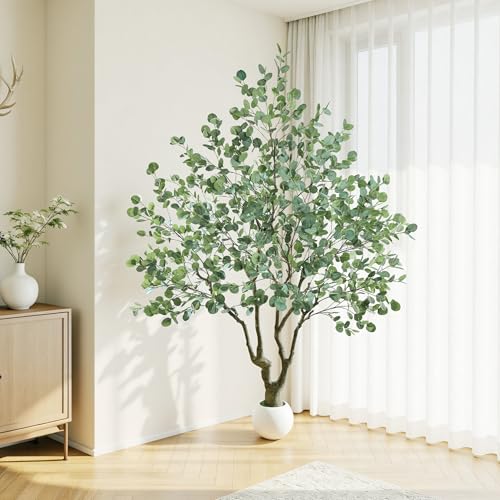 Caxchiling Large Artificial Eucalyptus Tree 8FT, Fake Tree for Indoor Outdoor, Lifelike Tall Floor Plants with Heavy Trunk and Ball-Shaped Pot, Home Office Decor Living Room Bedroom Doorway Hallway - color: Eucalyptus, size: 8ft