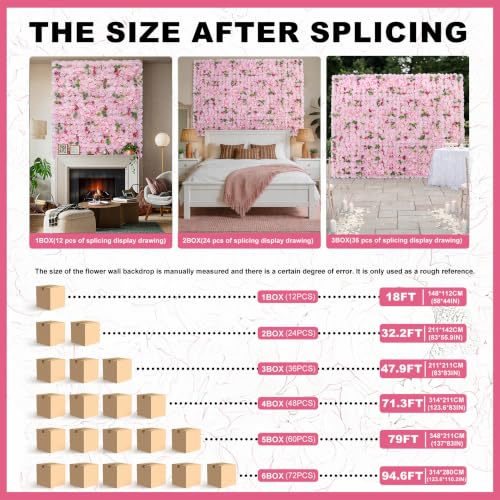Artificial Flower Wall Backdrop 16.5''*16.5'' 12Pcs 3D Silk Floral Peony Wedding Wall Panel Faux Rose Decor for Wedding Home Thanksgiving Day Event Birthday Party Decoration - color: Pink and White, size: 16.5inch