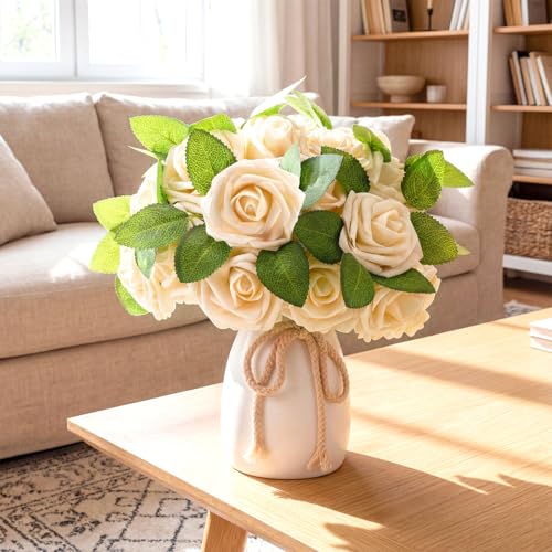50 Pcs Artificial Foam Rose Flower Faux Bouquet Wedding Fake Rose Gift for Mother's Day Women DIY Bridal Shower Party Table Birthday Home Spring Decor (Champagne) - color: Champagne