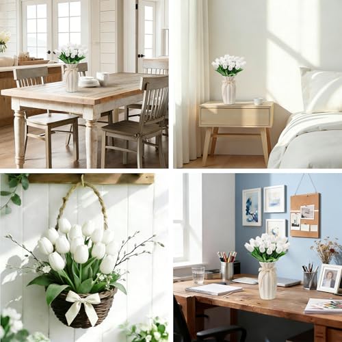 25Pcs Tulips Artificial Flowers, Faux Tulips Artificial Tulips Real Touch Tulip Fake Flowers Bouquets for Spring Wedding Home Kitchen Office Party Decor (White) - color: White