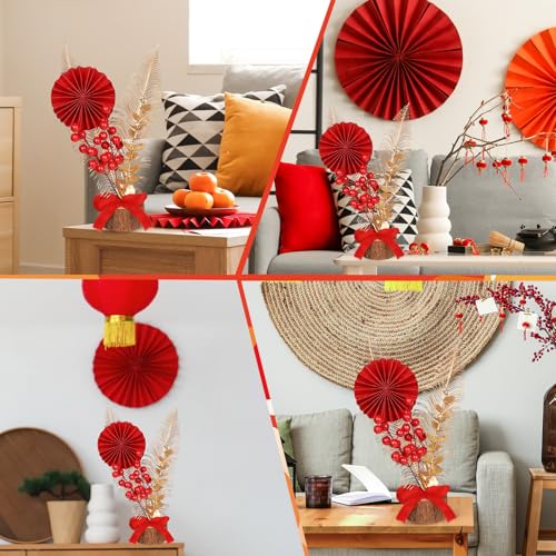 Chinese New Year Bonsai Decoration Artificial Red Berries Gold Leaves Bow Blessing Potted Lucky Tree Crafts Chinese Spring Festival Ornaments for Home Office Table Decor Housewarming Gift - color: Red New Year-5