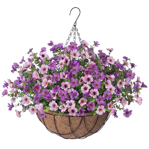 INXUGAO Artificial Silk Flowers Hanging Basket for Outdoor Indoor, Daisy with Eucalyptus Leaves Arrangement for Garden Yard Spring Decor, Faux Green Plant in Metal Coconut Lining Pot(Purple Pink) - color: Purple Powder