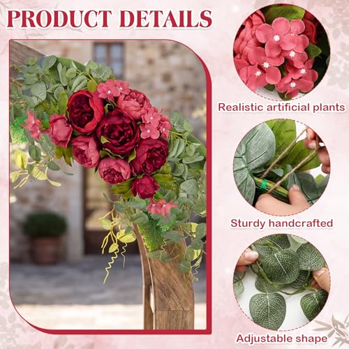 Suncalla 2 Pcs Floral Wedding Arch 30 Inch Rustic Artificial Flowers Swag Garland with Peonies Eucalyptus Leaves for Wedding Arrangement Table Centerpiece Ceremony Backdrop Party Decor (Red) - color: Red