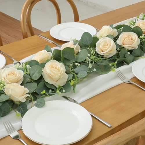 TOCHGREEN 4Pcs(26 Ft) Artificial Eucalyptus Flower Garland with Champagne Rose Flowers,Faux Rose Vine Gypsophila,Floral Greenery for Party Wedding Table Decor (Champagne, 4PCS) - color: Champagne, size: 4PCS