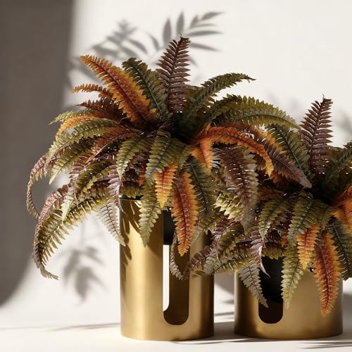 KOL Artificial Boston Ferns, Fake Faux Fern Plants 45 Inch 2 Pack, Rust Autumn Color with Bendable Stems for Floor Display, Indoor Outdoor Home Decor, UV Resiatant - color: Autumn Rust Color