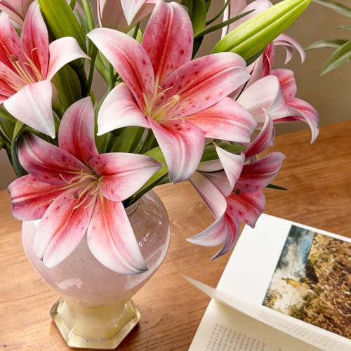 6PCS Artificial Lilies Set with 12 Heads Fully Bloomed Lilies and 6 Buds, Short Stem Real Touch Artificial Flowers for Home Hotel Flower Arrangement Party Decor (Pink) - color: Pink