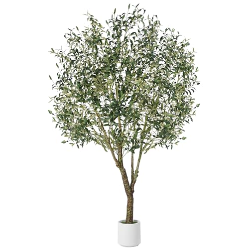 Jocoevol Olive Trees Artificial Indoor, 7ft Realistic Artificial Olive Tree with Natural Wood Trunk Lifelike Fruits Pre Assembled No Maintenance, Sturdy White Planter for Home Office Decor Perfect - size: 7ft