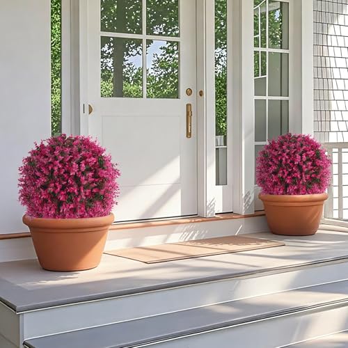Grooy Artificial Topiary Tree with Pink Eucalyptus, Set of 2 Artificial Shrub Bushes with Ground Spike, Fake Evergreen Tree for Porch, Artificial Plants for Outdoor Planters Indoor UV Resist - color: Pink Eucalyptus