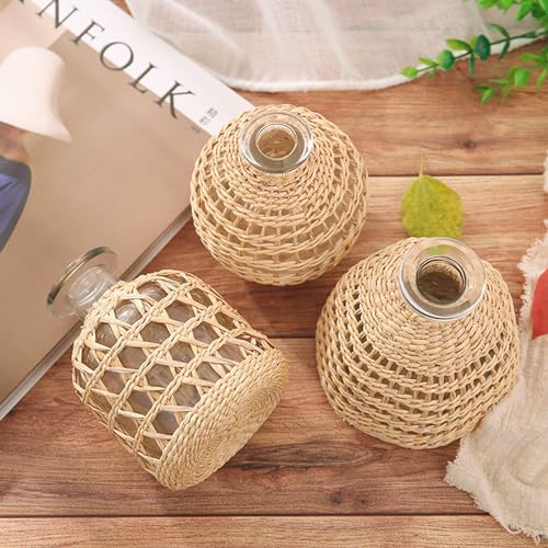 Flower Vases with Rattan Cover, Straw Woven Glass Vase, Rattan Woven Vase Decorative, Glass Flower Vase, Boho Glass Flower Vase, Vase for Home Flower Arrangement Table Decoration, 5.3''X3.5'',D Style - size: 5.3IN