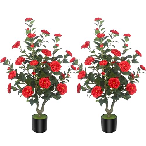 2Pack 39.37"/3.28FT Artificial Camellia Trees with 32 Flowers in Cement Pots – Lifelike Fake Trees for Front Porch, Home, Indoor Outdoor Spring Decor, Office or Housewarming Gifts (Red) - color: Red, size: 3ft 3inx2