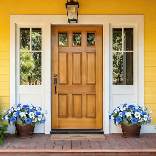 Artificial Flowers for Outdoors, Faux Petunias Spring Summer Decoration, Fake Flowers Plants UV Resistant Look Real Silk Flowers for Outside Planter Front Door Porch Patio Yard (6, Blue-White) - color: Blue-white