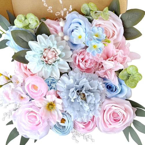 Baby Blue Pink Artificial Flowers Combo Box Set Bulks Pastel Pink Rainbow Silk Roses Individually Stems Crystal DIY Faux Bridal Wedding Bouquets Cake Decor Arrangements Baby Shower Bloom Flowers - color: Baby Blue, Pastel Pink