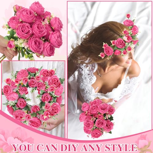 8 Pack Hot Pink Peonies Artificial Flowers, Fake Silk Hydrangea Bouquet for Bridal Wedding Home Table Decor Reusable Dining Opening Ceremony Birthday Arrangement Faux Floral - color: Hot Pink