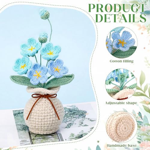 Marsui Crochet Flower Bouquet with Vase Forget-Me-Not Flowers Pot Crocheted Flower Handmade Knitted Potted Flowers Gift for Women Coworker Father's Gifts Back to School Gift Home Decoration (Blue) - color: Blue, style: Forget-me-not