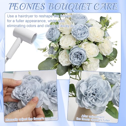 Peonies Artificial Flowers Bulk, 12 Bundles Fake Silk Peonies Faux Eucalyptus Bouquet Realistic Peony Floral Arrangement for Wedding Table Centerpiece Vase Decor (Dusty Blue & White) - color: Dusty Blue & White