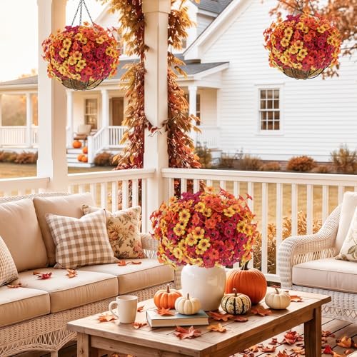Powbrace 60 Pack Artificial Flowers for Outdoor Indoor Fake Plants, Faux Silk Flowers for Outdoors Outside Front Porch Hanging Planter Window Box Garden Spring Decoration(Autumn Mixed) - color: Autumn Mixed, size: 60 Bundles