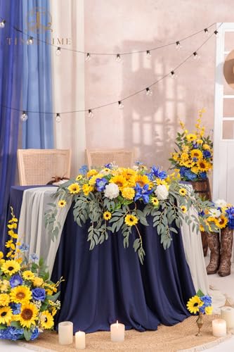 TINGE TIME Artificial Sweetheart Flower Swag with Tablecloth and Table Runner, Pack of 3 Floral Arrangement for Wedding Sweetheart Table Centerpiece Decoration Valentine's Day (Sunflower&RoyalBlue) - color: Sunflower & Royal Blue