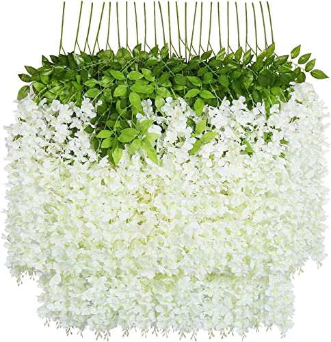 U'Artlines 24 Pack (Total 86.4 Feet) Artificial Fake Wisteria Vine Rattan Hanging Garland Silk Flowers String Home Party Wedding Decor (24, White) - color: White